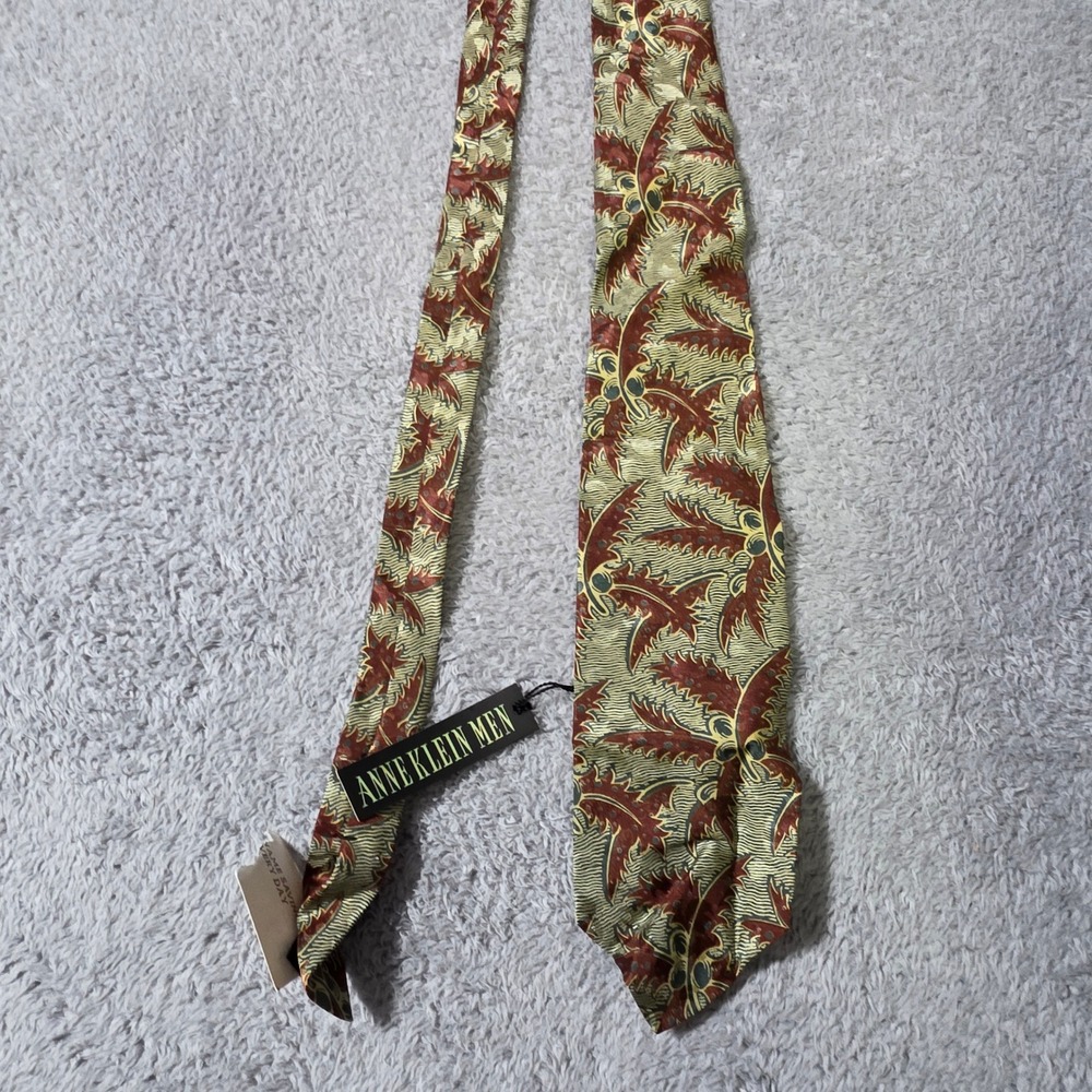 Anne Klein Men OS Necktie Green Red Gold Botanical Leaf Silk Made in USA Italian